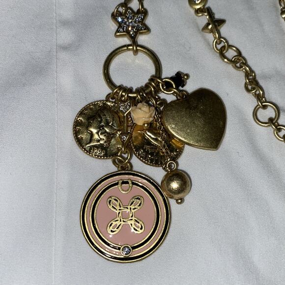 Cabi 2153 Cha Cha Charm Necklace Chain Pink Enamel Coin Rose Heart Gold Tone 36" - Picture 1 of 7